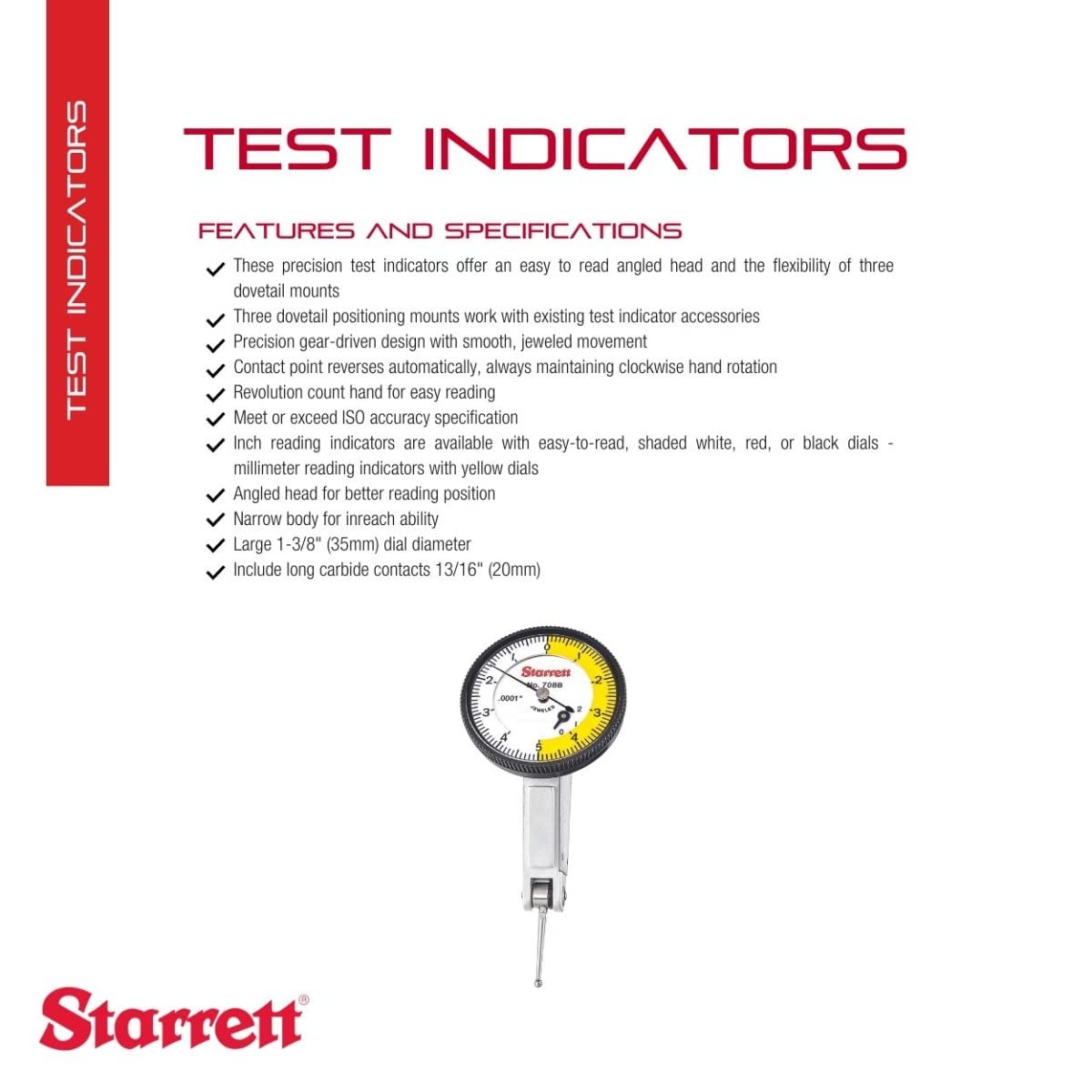 Starrett 708BZ - Indicador de prueba sin accesorios, esfera blanca, lectura de 0 – 5 – 0, diámetro de la esfera: 4 – 2 cm, graduación de 0,0001 pulgadas.