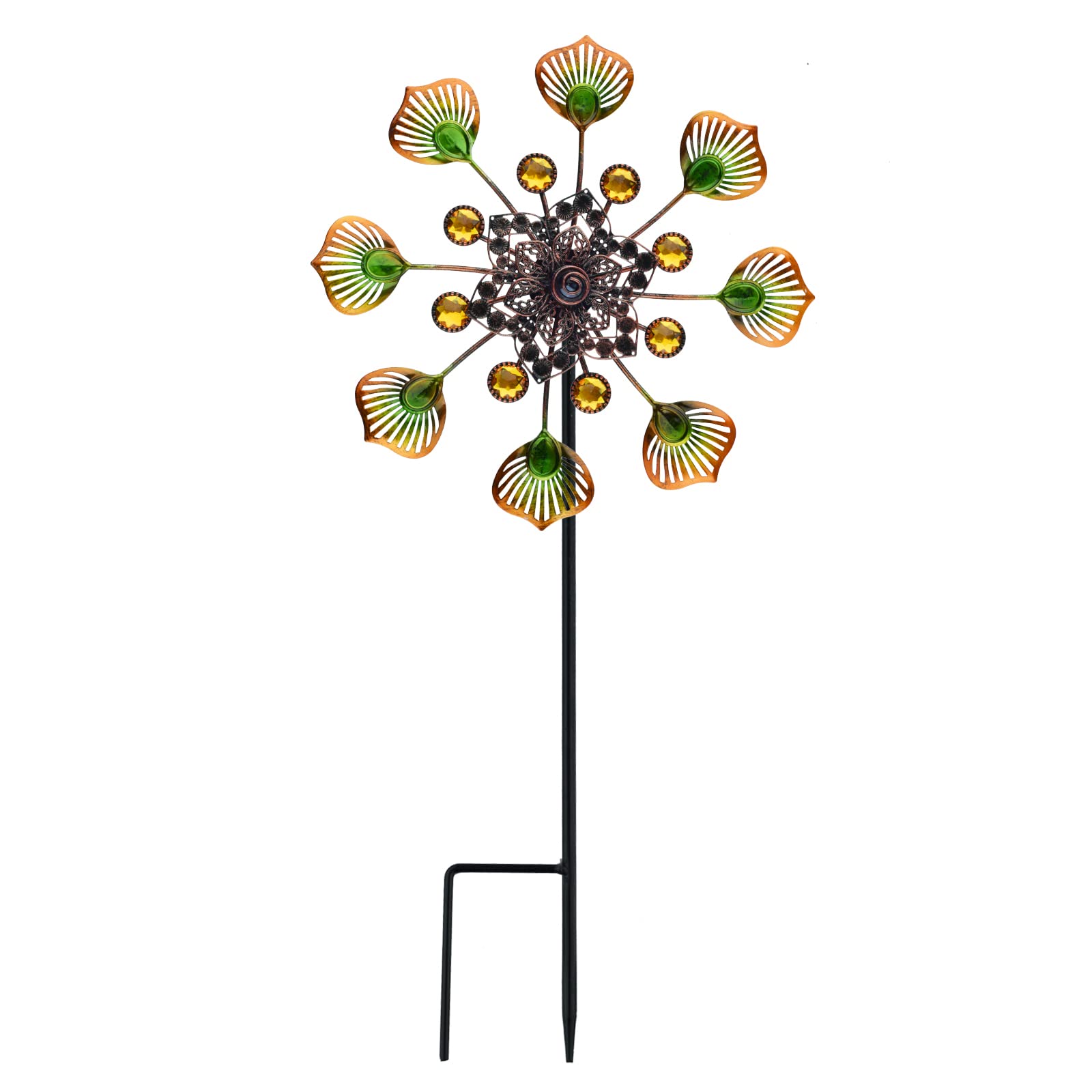 TEENGSEPeacock Wind Spinner Garden Decor, 35.4inch Metal Windmill with Yellow Peacock Feather Design, Wind Sculpture with Metal Stakes for Outdoor Garden Yard Lawn Patio Decoration, Wind Energy