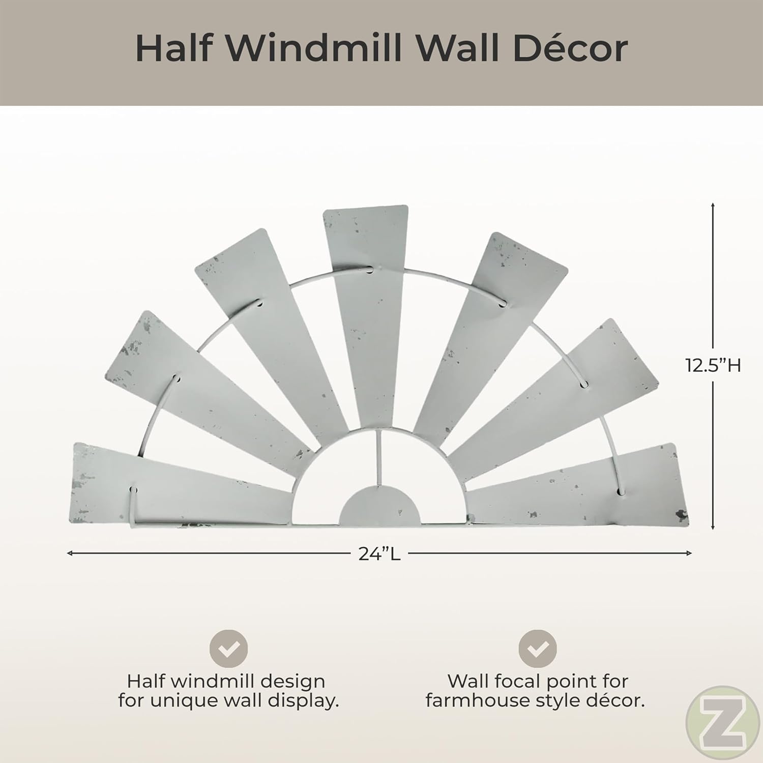 Zeckos 24 Inch Long Rustic Galvanized Metal Half Windmill Wall Art - Distressed White Finish - Easy Install - Perfect for Rustic, Country, or Farmhouse Home Interiors