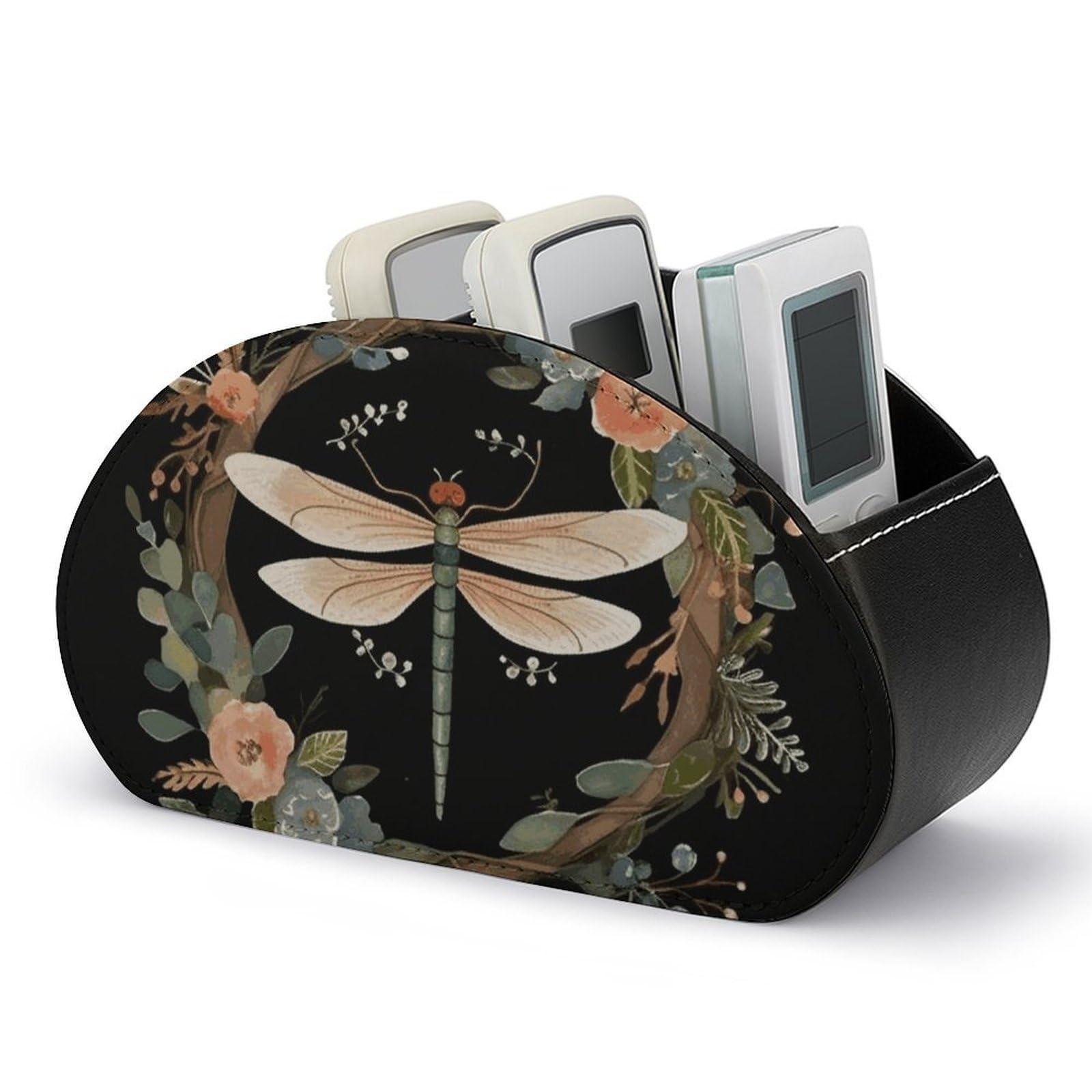 JTREHY - Remote Control Holder with 5 Compartments PU Leather Dragonfly Crown Design Bedside Organizer