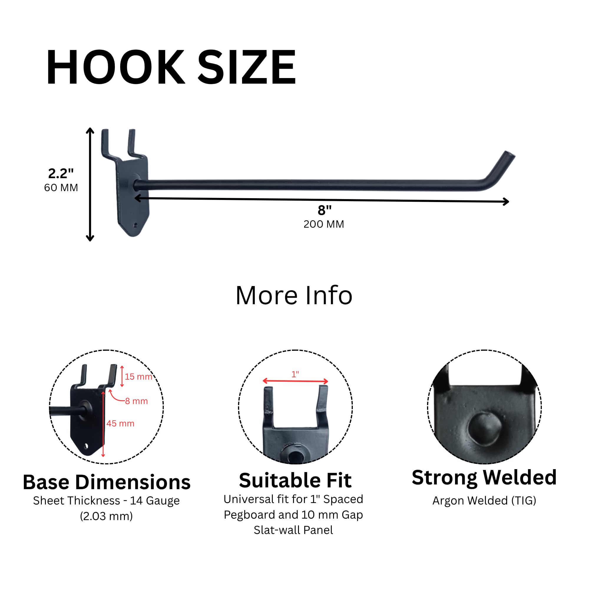 APUS 8" 20 Pcs Pegboard Display Hook | Slatwall Hook | for Display Assortment | Mobile Shops, Garment Stores, Showroom Hangings and Organising | Alloy Steel Pegboard Hook (Black)