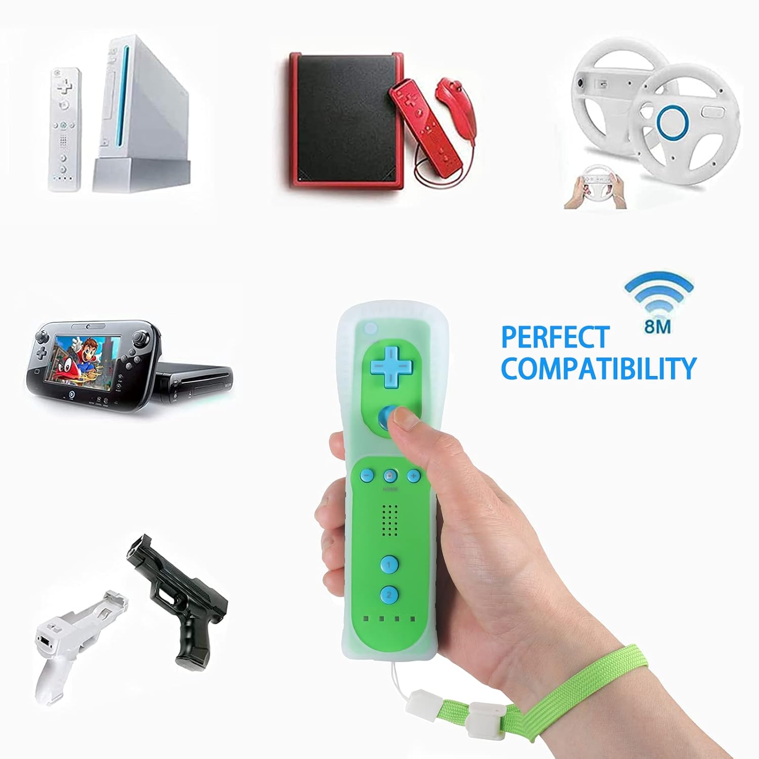 Doueuain Wii Controller and Wii Nunchuck for Wii/Wii U Controller, Remote Controller with Silicone Case and Wrist Strap (Green and Blue)