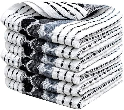100% Cotton Terry Tea Towel Egyptian Wonder Quick Dry Soft Monocheck Black / White Jumbo Thick Kitchen Dish Cleaning Drying Cloth Pack of 3 , 4, 5, 6  40cm x 60cm (Black Heart Pack of 6, 16" x 24")
