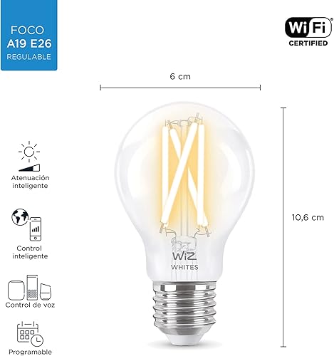 Miniatura 9 de WiZ Connected Lámpara de filamento transparente A19 blanco sintonizable, 2700K - 5000K, control inteligente con aplicación WiZ, compatible con