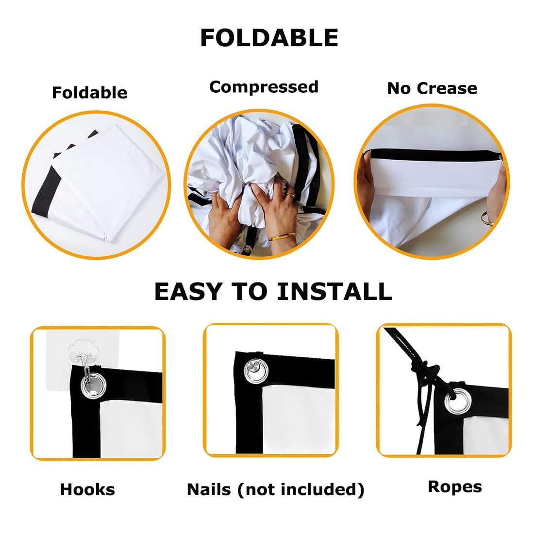 Portable Écran Vidéoprojecteur pour Home Cinéma 150/180 Pouces, 16:9 4K HD Écran de Projection Pliable Anti-Plis pour for Extérieur(100in)