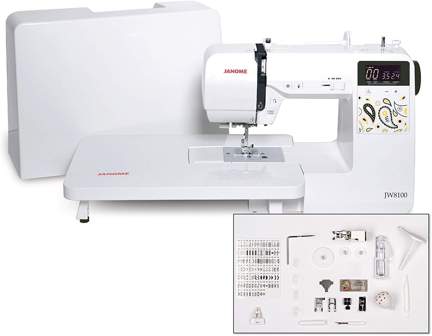 JW8100 Fully-Featured Computerized Sewing Machine with 100 Stitches, 7 Buttonholes, Hard Cover, Extension Table and 22 Accessories