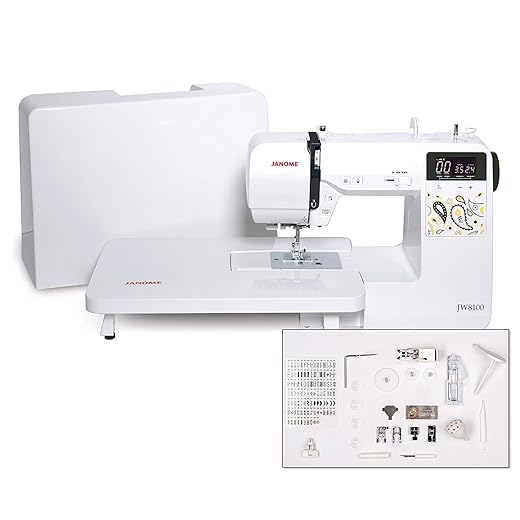 Janome JW8100 Fully-Featured Computerized Sewing Machine with 100 Stitches, 7 Buttonholes, Hard Cover, Extension Table and 22 Accessories