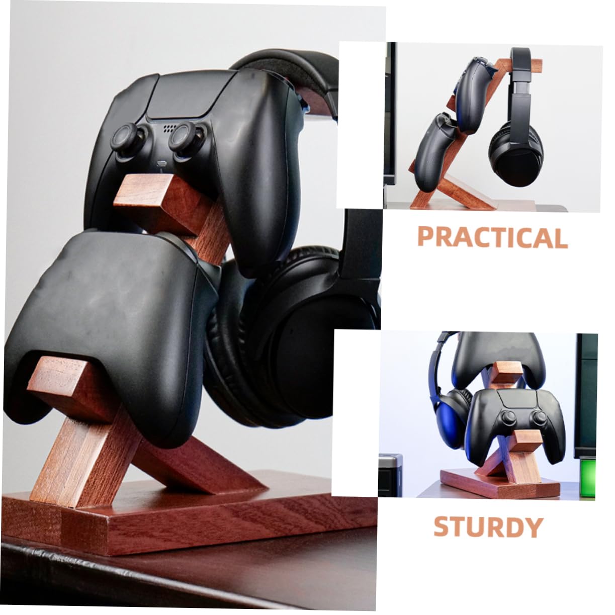 VILLCASE Soporte para Controlador y Auriculares de Madera Marrón Diseño Simple para Almacenamiento y Protección en Área de Entretenimiento Gaming