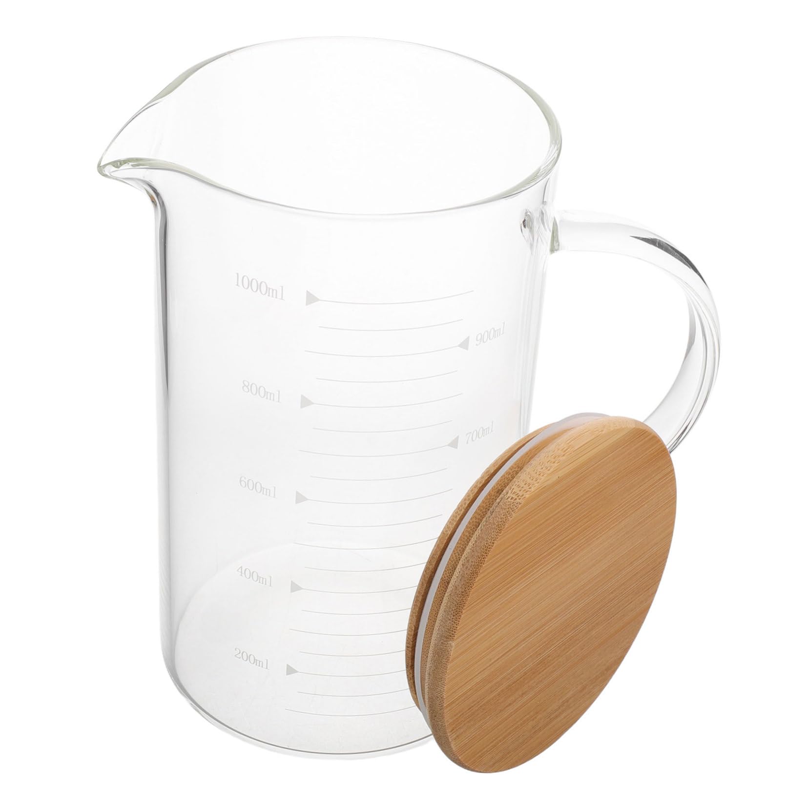 Glasmessbecher mit Deckel 1000ml aus Glas und Holz, mit Griff
