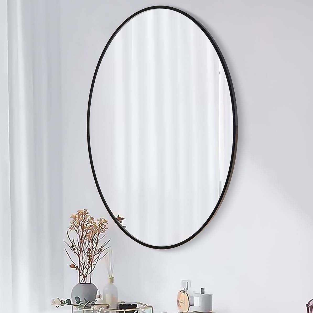 SCWF-GZ 24x36 Oval Mirror Round Full Length Wall Mounted Hanging or Against Wall Metal Frame Dressing Make-up Mirrors for Entryway Bedroom Bathroom Living Room 36 24 inch Black