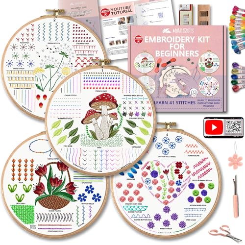 Image of Moni Crafts Adult Beginner Embroidery Kit - 4 Pre-Printed Patterns (Flower, Mushroom, Floral, Heart) - Learn 41 Stitches, Hand Embroidery Starter Craft Set