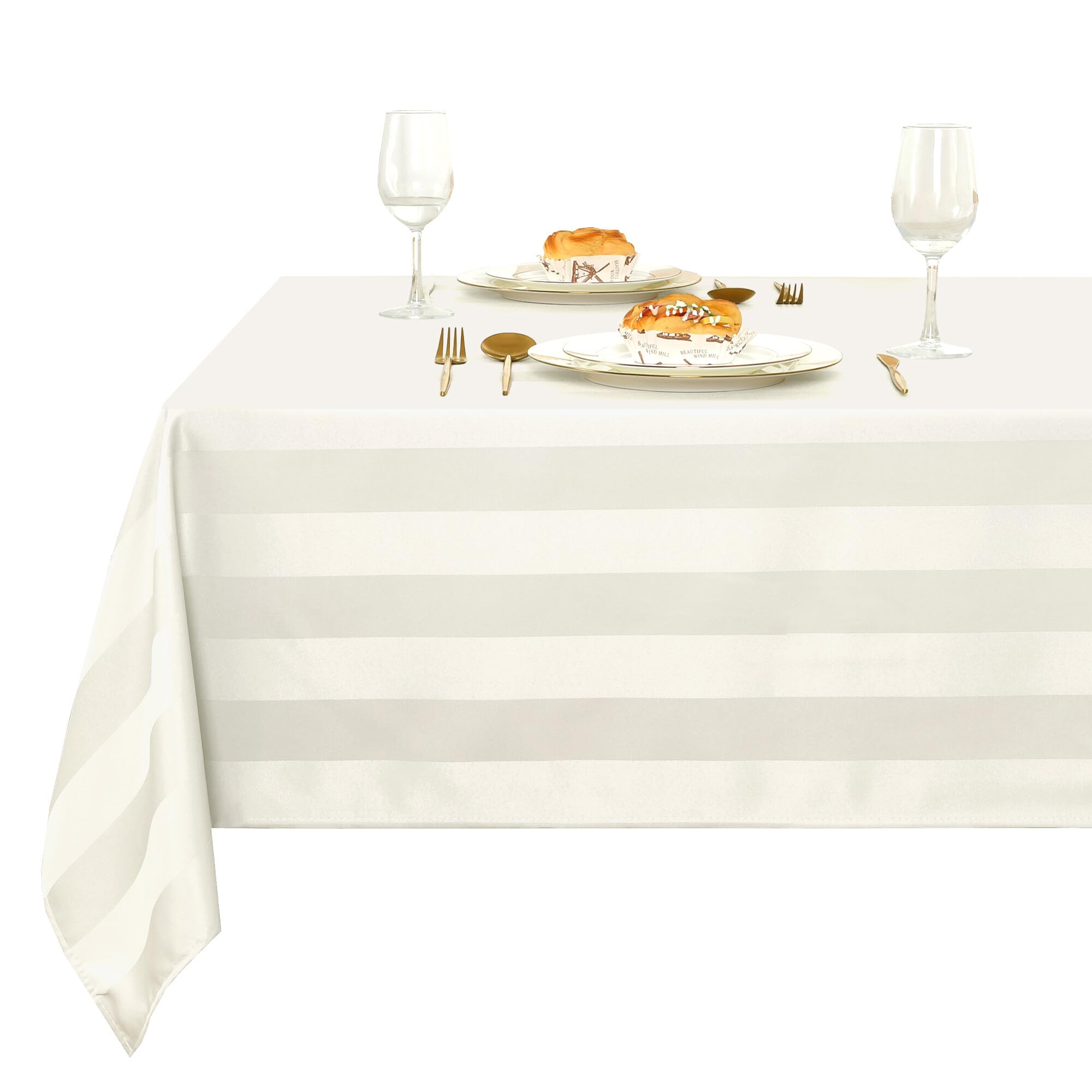 XWZO Tischdecke Wasserabweisend Abwaschbar Eckig tischdecken Lotuseffekt Schmutzabweisend Gestreift Tafeldecke Elfenbein 130 x 160cm