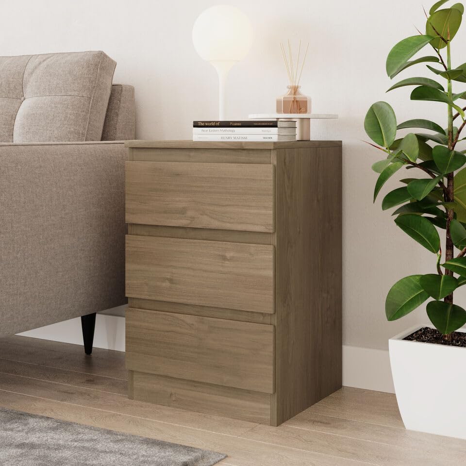 URBNLIVING 62cm Height 3 Drawers - Bedroom Storage Cabinet with Smooth Metal Runner - Modern Chest of Drawers Dresser Bedside Table for Bedroom Living Room Office Hallway (Oak Set)