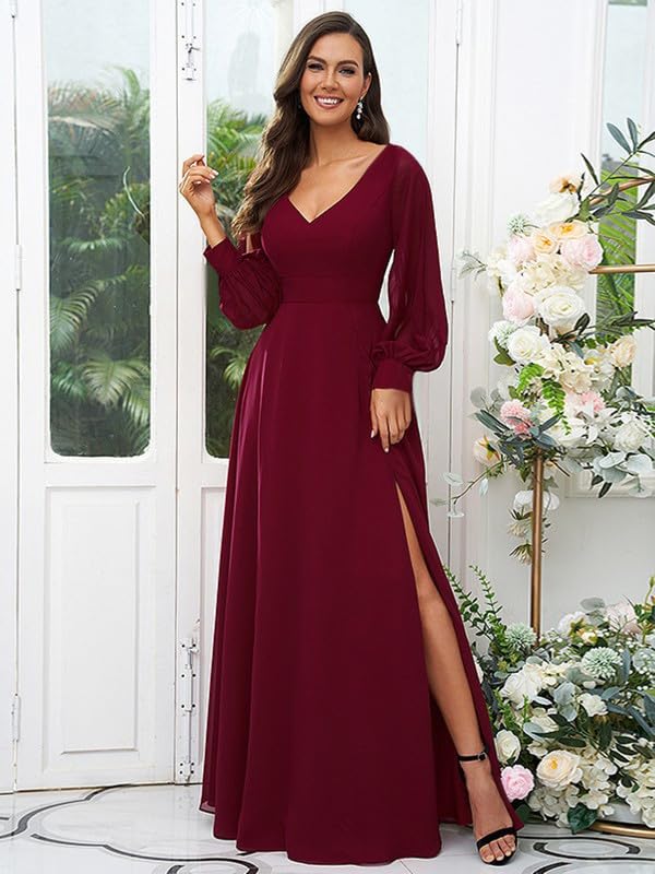 Long Bridesmaid Dresses with Slit A Line Floor Length V Neck Long Sleeve Chiffon Wedding Guest Dresses for Women2