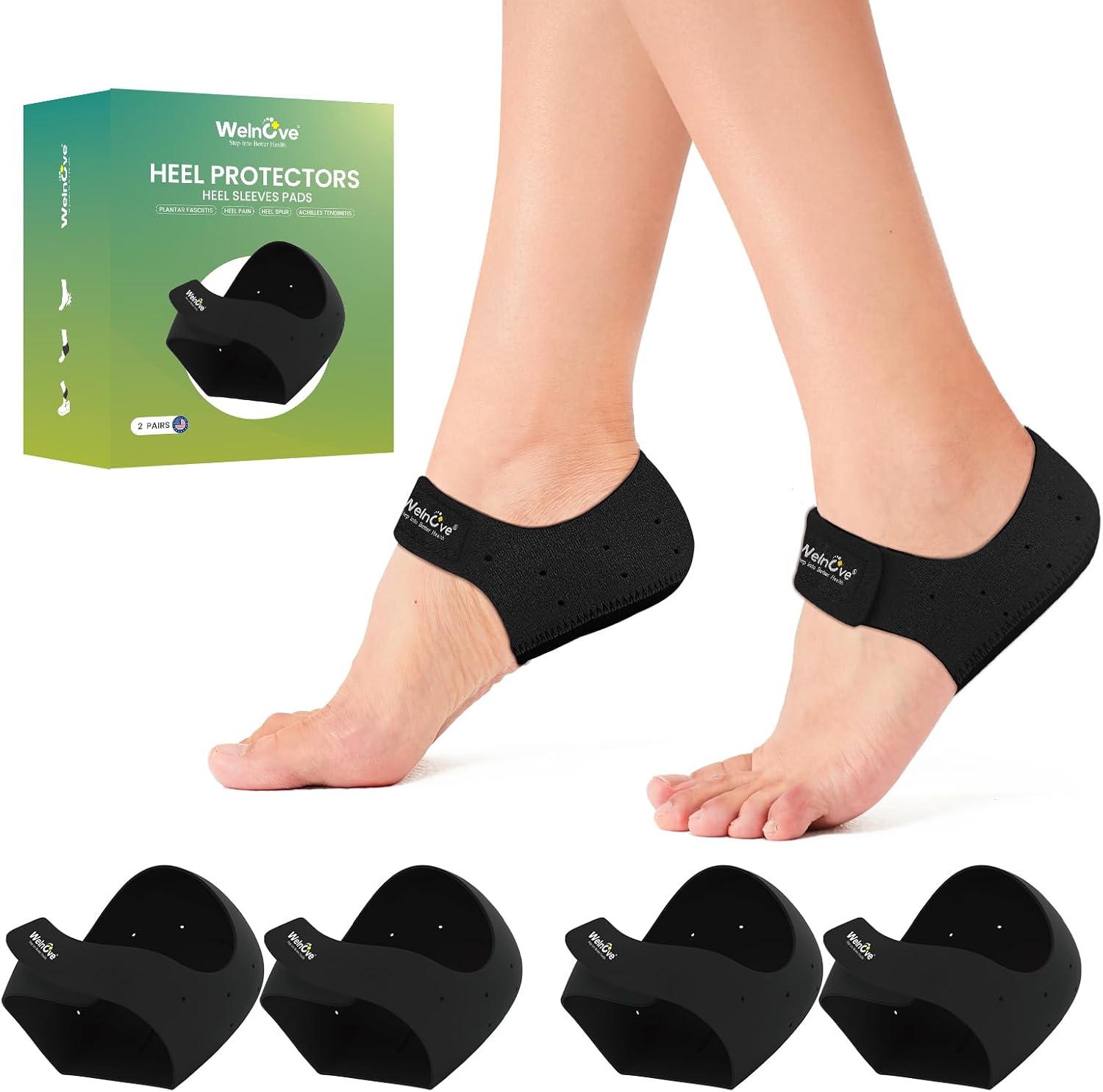 Plantar Fasciitis Gel Heel Protectors - (2 Pairs) Welnove Heel Cups for Women Men Heels Spur Pain Relief - Heel Inserts Pads for Achilles Tendonitis Dry Cracked Heel Support Cushion (Size S) Black Small(2 Pairs)