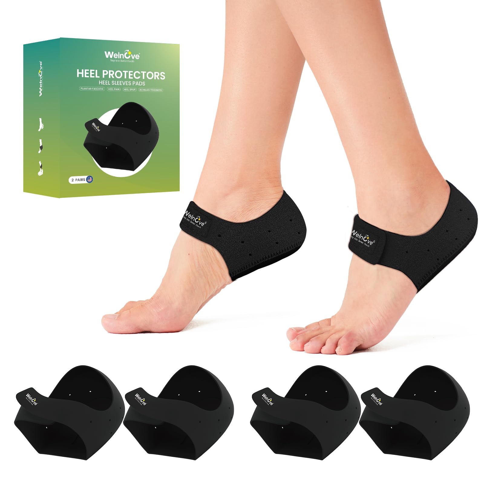 Welnove Fersenschutz für Plantarfasziitis, Gel-Fersenschalen für Damen Herren, Sporn, Schmerzlinderung, Ferseneinlagen