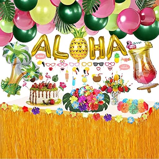 WOHOT 162 Pcs Hawaiano Luau Falda de Mesa Set de decoración, Decoración Fiesta Tropical Verano con Aloha Globos, Decoración de Fiesta de Verano Beach (162 piezas) | Ya disponible en tu tienda friki favorita! En mundofriki.es!