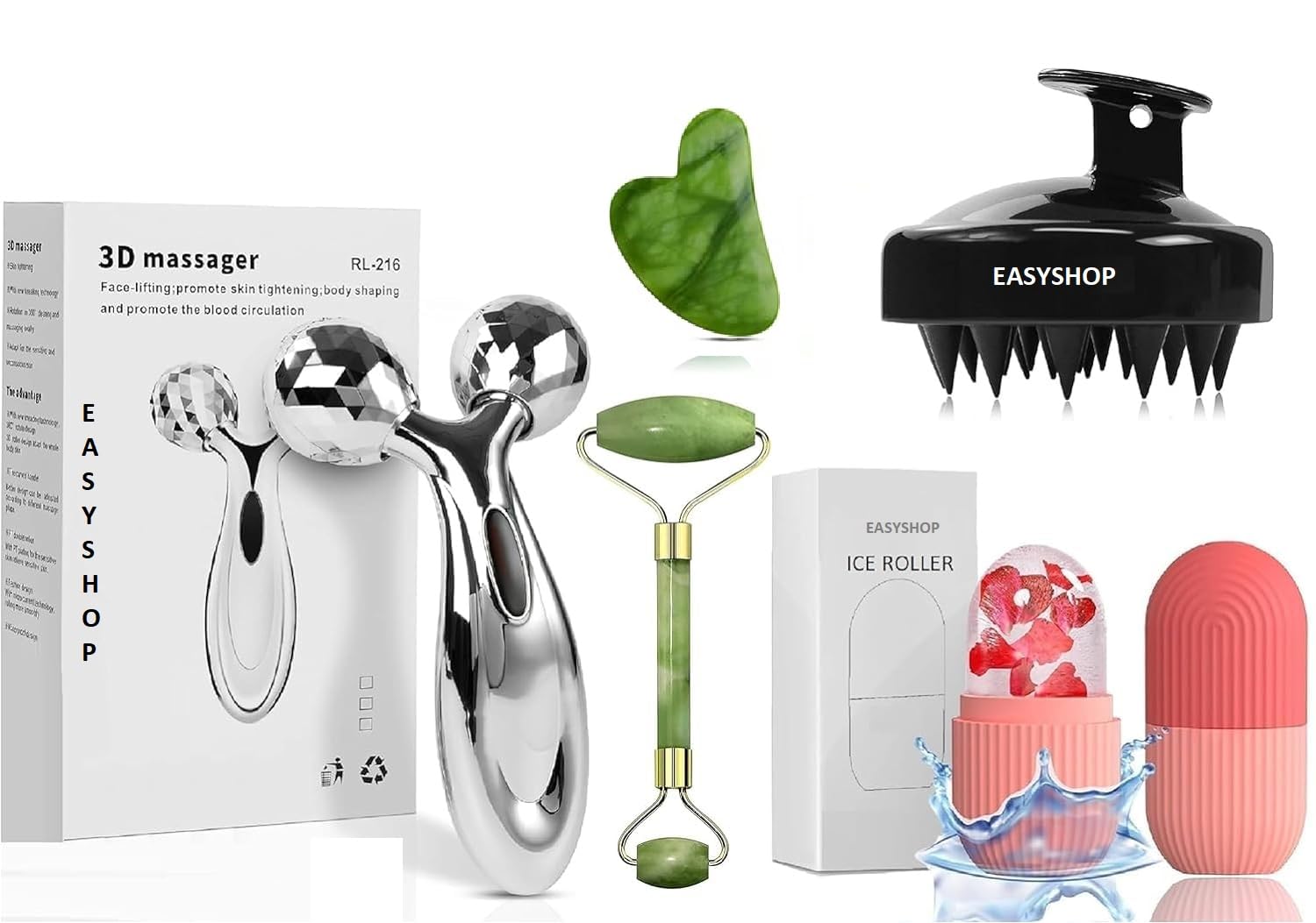 EASYSHOP Jade Roller With Gua Sha Stone, 3D Massager, Head Scalp Shampoo Brush, Ice Roller, Face Massager (Multi Color) Pack of 5