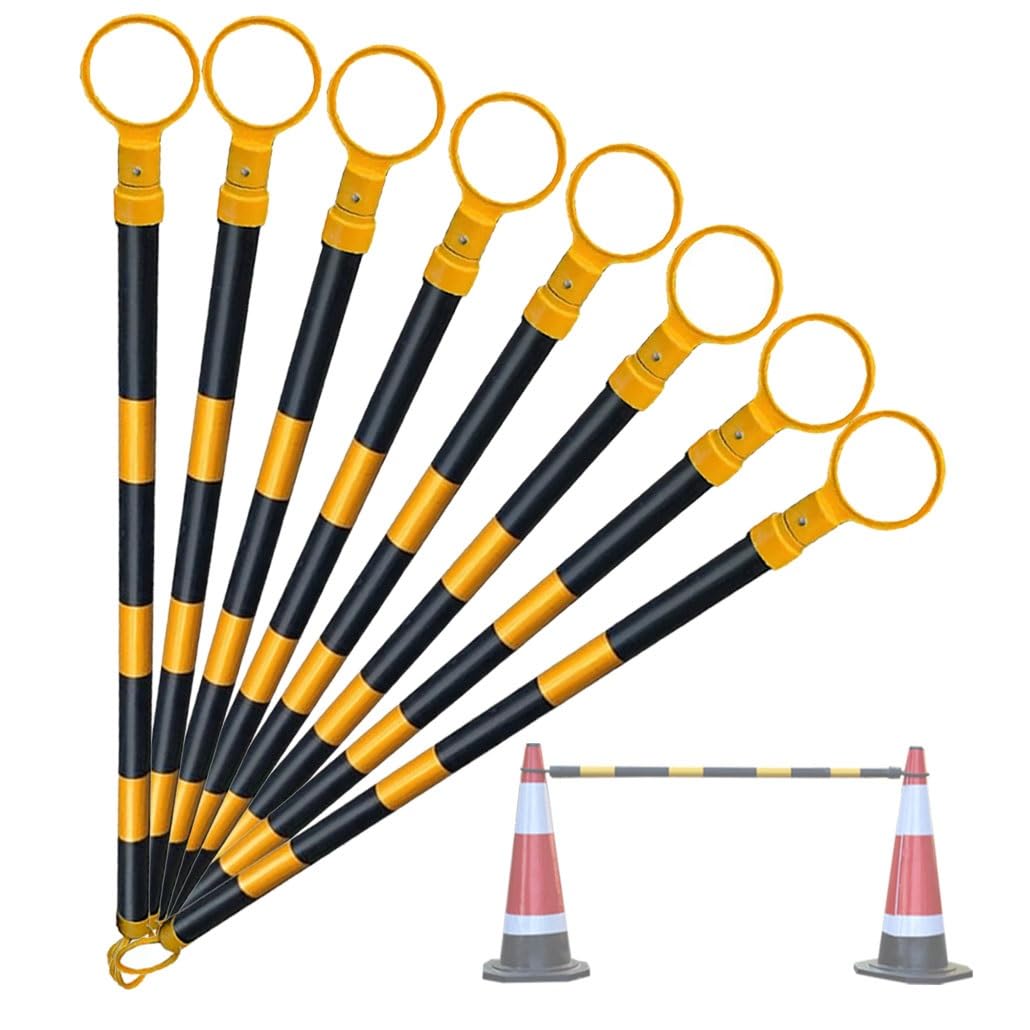 Barreras de Conos de tráfico expandibles (Paquete de 8), Cinta de Seguridad Ligera de 1,2 a 2 Metros para estacionamientos y Obras Viales (Amarillo y Negro) - Solución de Seguridad Duradera