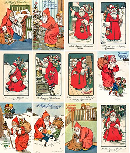 Image of PIXILUV RED CHRISTMAS (Pack of 12) Notecards Small Greeting Cards # Vintage Santa Claus in Bright Red Robes ~ Vintage Christmas Postcards Reprint