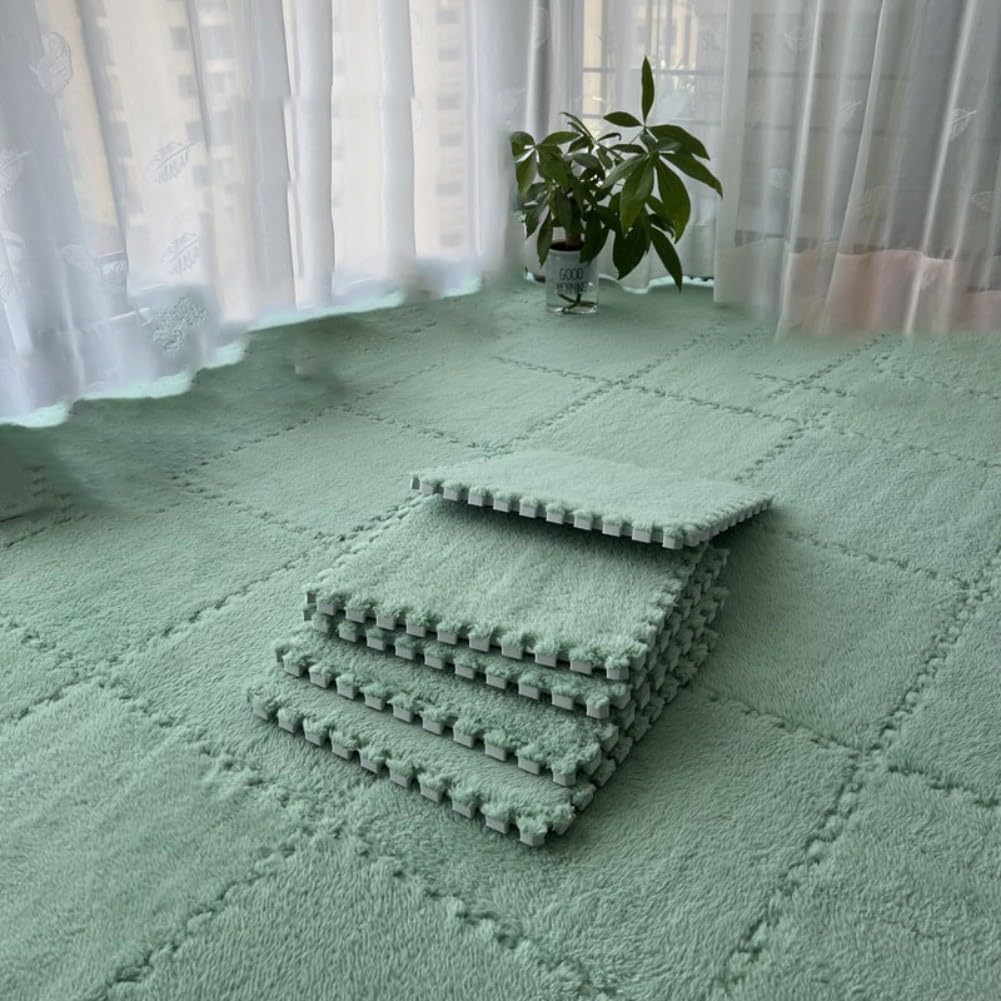 Interlocking Plush Foam Floor Mat, Cuttable Jigsaw Carpet Tiles, Thickened Anti-Slip Flannel Flooring for Nursery Bedroom Living Room, Safe for Babies and Pets(GREEN MINT)