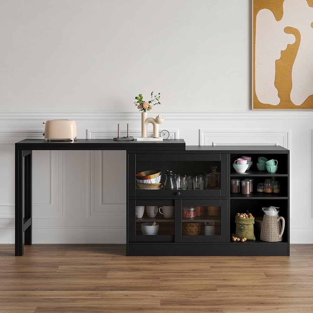 homary 47" Large Buffet Sideboard Cabinet Extendable Wood Kitchen Storage Cabinet with 3 Doors, Foldable Dining Table with Extension Leaves, Black