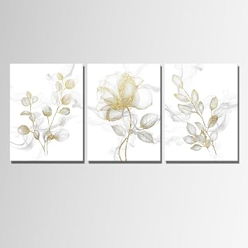 sechars Abstract Flower Wall Art Flickering Floral Painting Pictures Decor Botanical Canvas Prints Modern Gold Bedroom Bathroom Decoration Gold