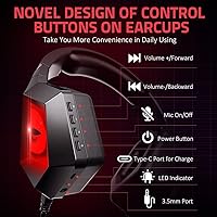 Vista 5 de BENGOO Auriculares inalámbricos para juegos 24G para PS5 PS4 PC con micrófono desmontable con cancelación de ruido luz LED roja orejeras de memoria