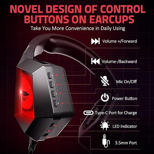 Miniatura 5 de BENGOO Auriculares inalámbricos para juegos 24G para PS5 PS4 PC con micrófono desmontable con cancelación de ruido luz LED roja orejeras de memoria