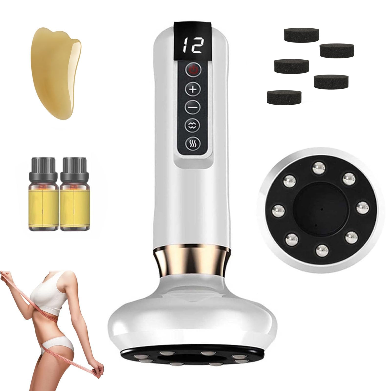 Masajeador Anticelulítico, Masajeador Anticelulítico Reductor – 12 Niveles Succión Ajustable, Luz Roja & Termoterapia Infrarroja, Portátil Masajeadors Para Abdomen, Cintura, Piernas (Blanco)