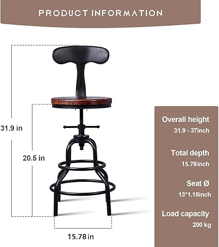 Miniatura 30 de Diwhy Taburete de mostrador industrial vintage, silla giratoria ajustable de altura de encimera de cocina, taburete con marco de metal, 20.47-26.77