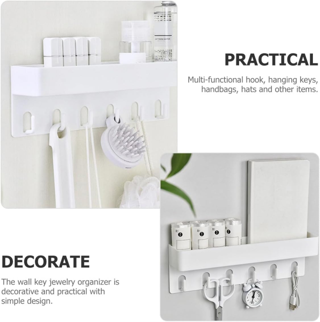 Cabilock Wall Mounted Key Rack Adhesive Plastic Organizer with Hooks