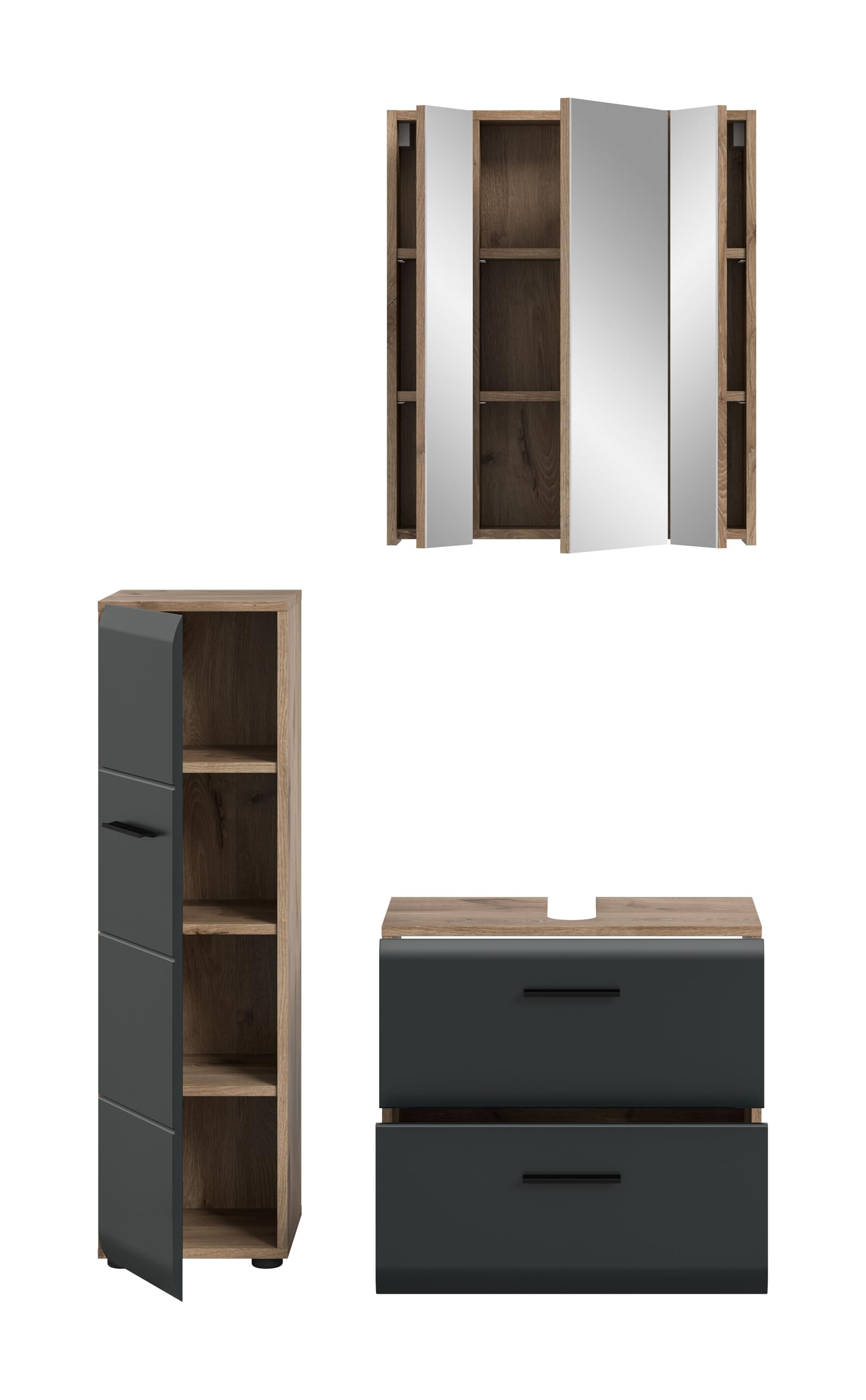 xonox.home – 3 TLG. Badezimmerkombination Ice 105x185x30 cm in Korpus Nox Oak Nachbildung und Front schwarz matt – Hochwertige Badmöbel-Kombi – modern – Bild 3