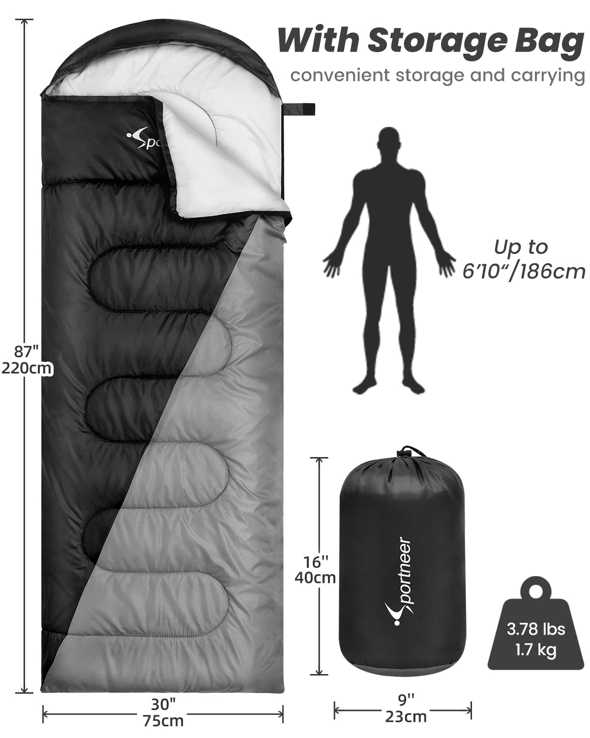Sacco a pelo esterno per campeggio: Sportneer 3 – 4 Stagioni, sacco a pelo estivo, sacco a pelo invernale, piccolo, portatile, ultraleggero, completo riempimento per adulti, trekking, viaggio
