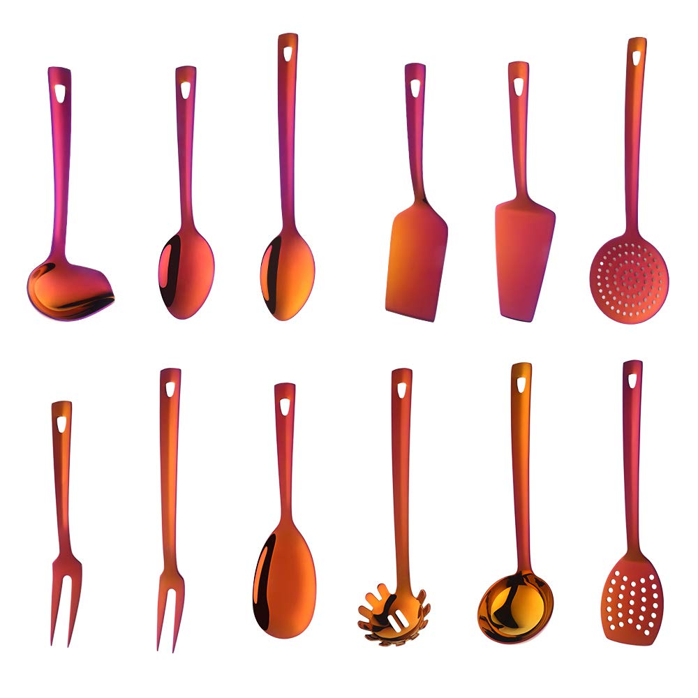 Stainless Steel Kitchen Utensil Set, BuyGo 12 Piece Rainbow Red Cooking Utensils with Integrated Hanging Loop, Mirror Polish and Dishwasher Safe