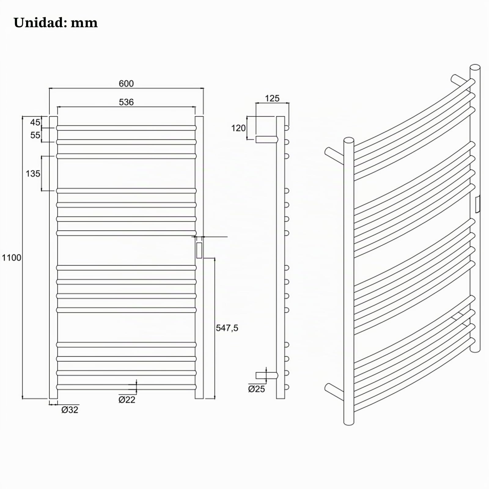 ESOP RadiadorToallero Eléctrico Baño Oro Cepillado 185 W Calienta Toallas 1100 x 600 mm 15 Varilla Curva WiFi Inteligente Temperatura Constante