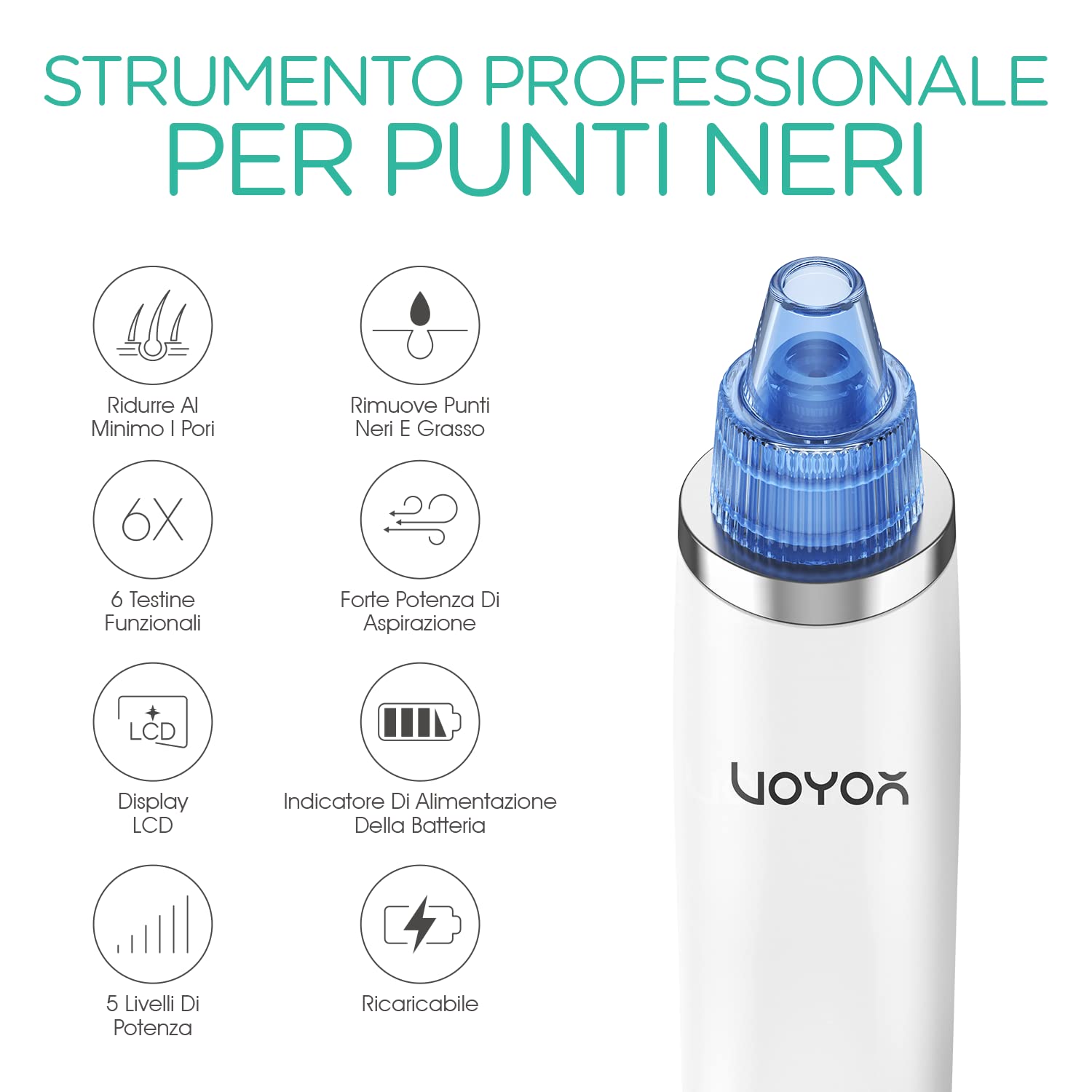 VOYOR Aspirapolvere punto nero professionale 6 in 1 estrattore di punti nero elettrico pneumatico comedoni acne detergente per pori cura viso donna, 6 sonde e 5 modalità, ricaricabile con display LCD