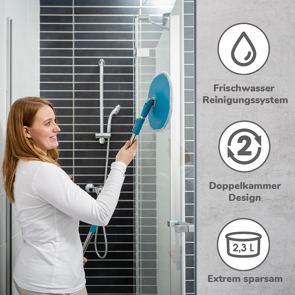 Mop Obrotowy z Dwukomorowym Systemem Filtracji - Mop 135 cm do Każdej Podłogi z Nakładką Mikrofibry - Zestaw z Wiadrem i Koncentratami do Parkietu i Płytek