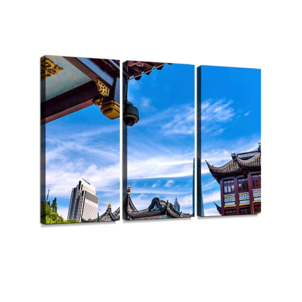 Shanghai China Old and New Shanghai Tower and Yuyuan Garden 3 Pieces Print On Canvas Wall Artwork Modern Photography Home Decor Unique Pattern Stretched and Framed 3 Piece