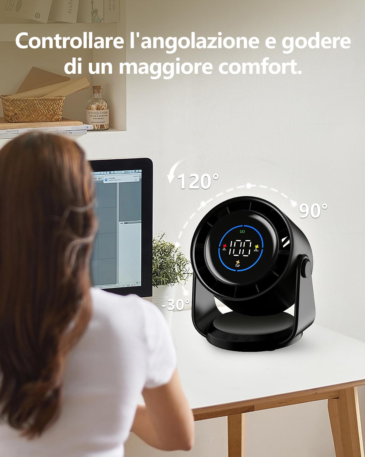 Ventilatore da Tavolo Silenzioso, Potente e Regolabile Display LED 100 velocità Ventilatore da parete Lnclinazione Variabile a 105° Raffreddamento silenzioso Per Camera, Soggiorno, Cucina, Viaggiare