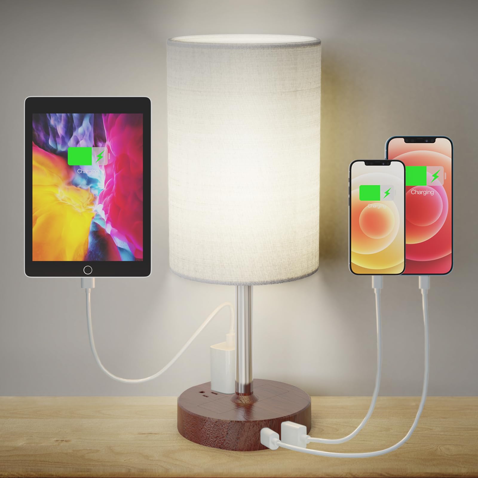 Bedside Lamp Touch Control Table Lamp with USB C + A Charging Port & 2AC Outlet 3-Way Dimmable Bedside Nightstand Lamps with Round Flaxen Fabric Shade for Living Room, Bedroom Dorm, Home Office Decor