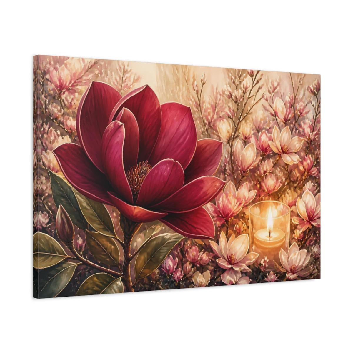 Floral Magnolia Red Pink Canvas Print – Living Room, Above Console Table 36×24 inch (90×60 cm) - Horizontal / 1.25 inch (3 cm)