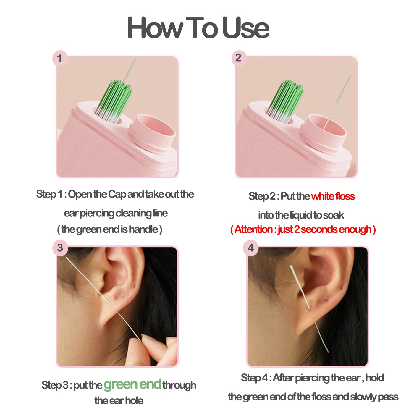 Limpiador de perforaciones, limpiador de agujeros de oreja, kit de limpieza de piercings con 240 piezas desechables de hilo dental de limpieza y solución de limpieza de 15 ml para mujeres y hombres