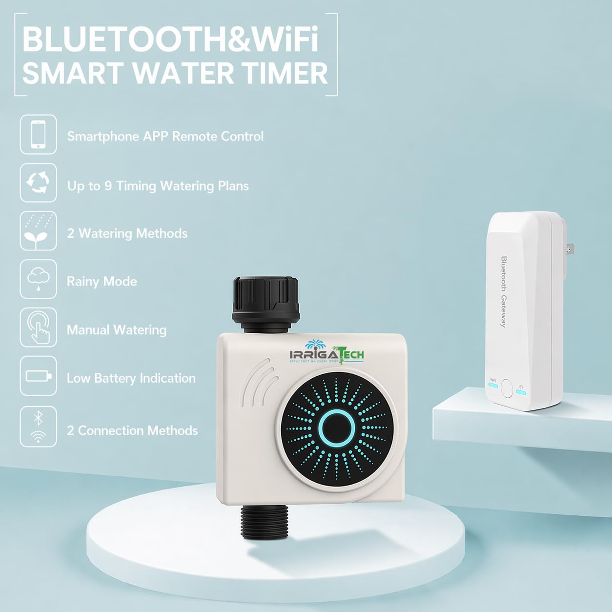 Timer di irrigazione intelligente WiFi e Bluetooth con Gateway, 1 zona, programmatore automatico per rubinetto, controllo app, compatibile Alexa e Google, Rain Delay.