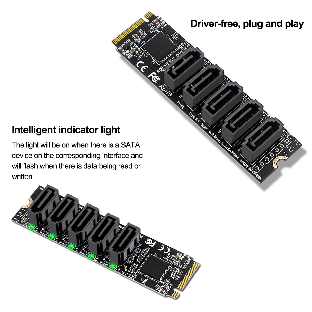 POFET Adattatore NVME a SATA M.2 a SATA a 5 porte con dispositivo di raffreddamento in alluminio JMB585 e funzione PM