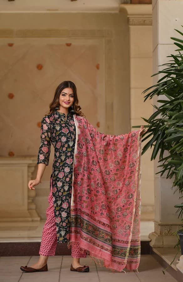 Image of GoSriKi Women's Cotton Blend Kurta with Pant & Dupatta