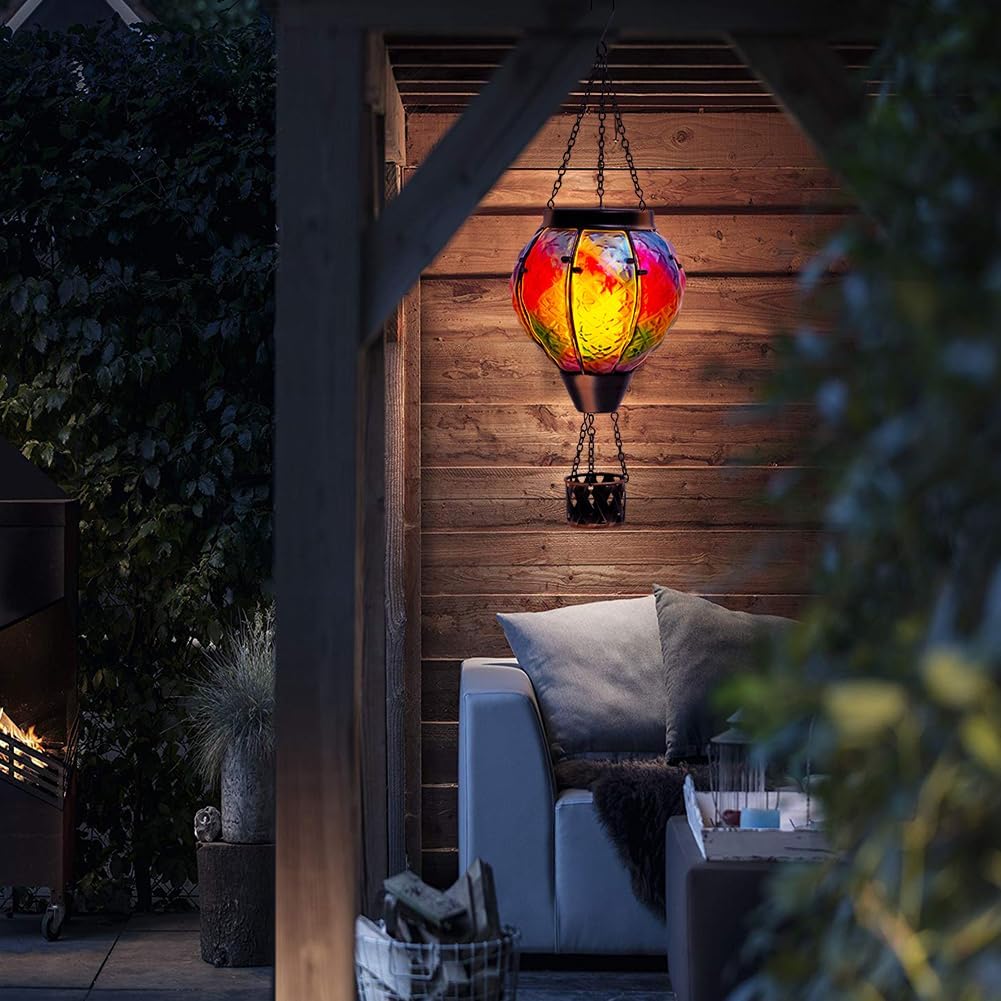 STARSOUL Solar Hot Air Balloon Lantern with Flickering Flame, Colorful Hanging Solar Lantern Outdoor Waterproof, Hot Air Balloon Solar Light Decorations for Garden Yard Lawn Porch Porch Backyard