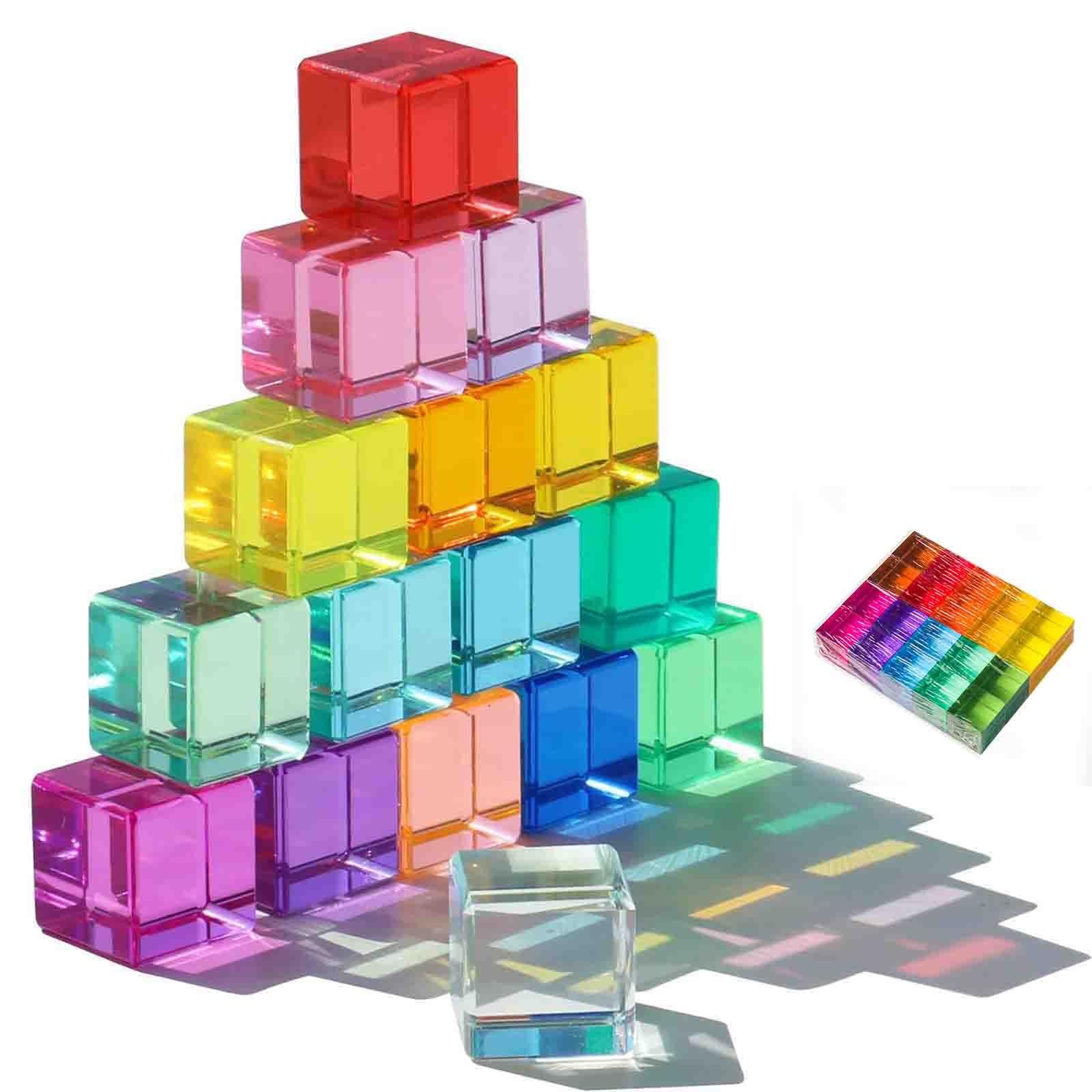 Tashace 20 Pcs Acrylic Gem Cubes Blocks Translucent Rainbow Building Cubes Crystal Educational Sensory Training Stacking Toys for School Supplies Birthday Gifts
