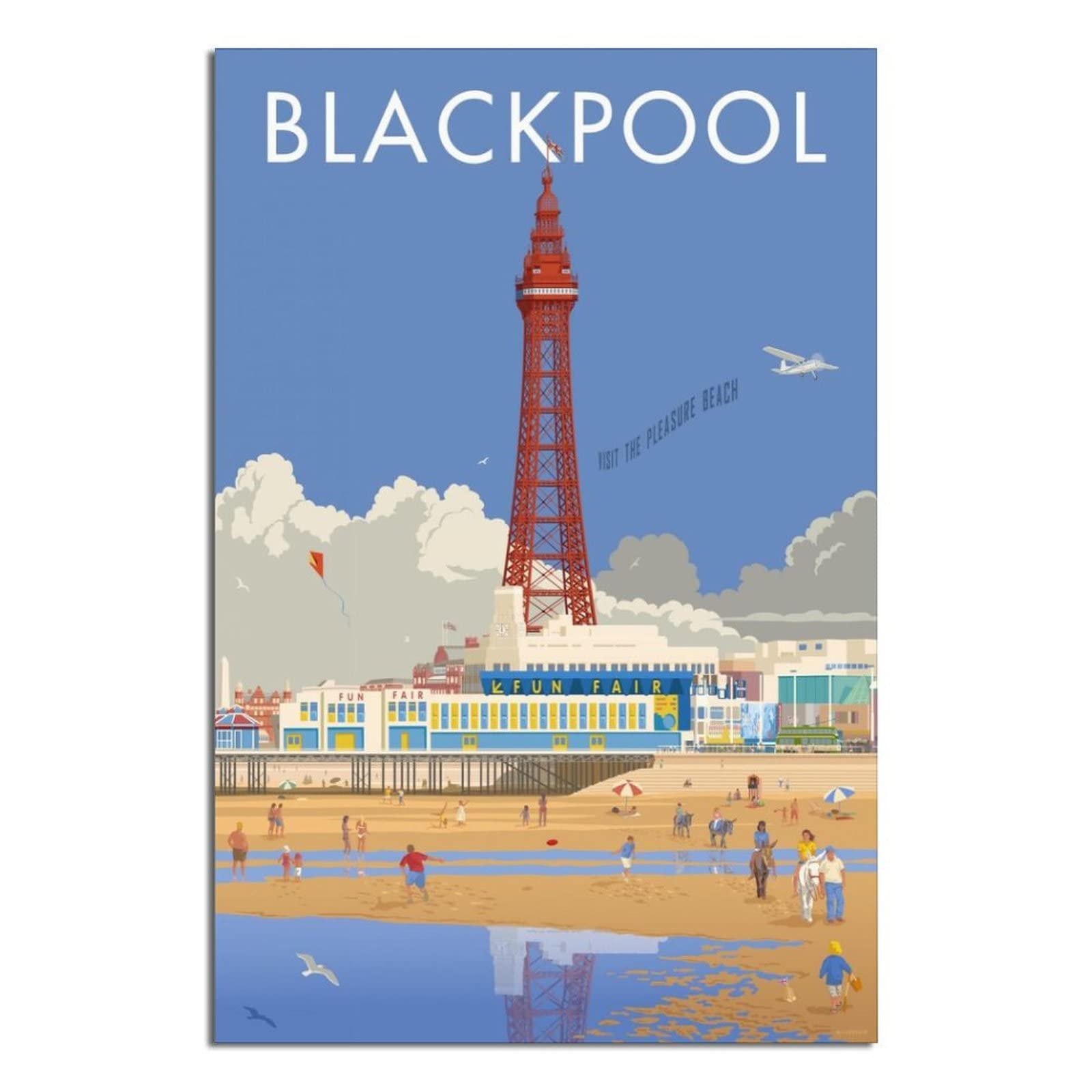 Vtgclt Unframe-Style England Blackpool Vintage Travel Posters Tower Beach Pier Canvas Painting Pictures Prints Wall Art For Bedroom Office Decor 08X12inch(20X30cm)