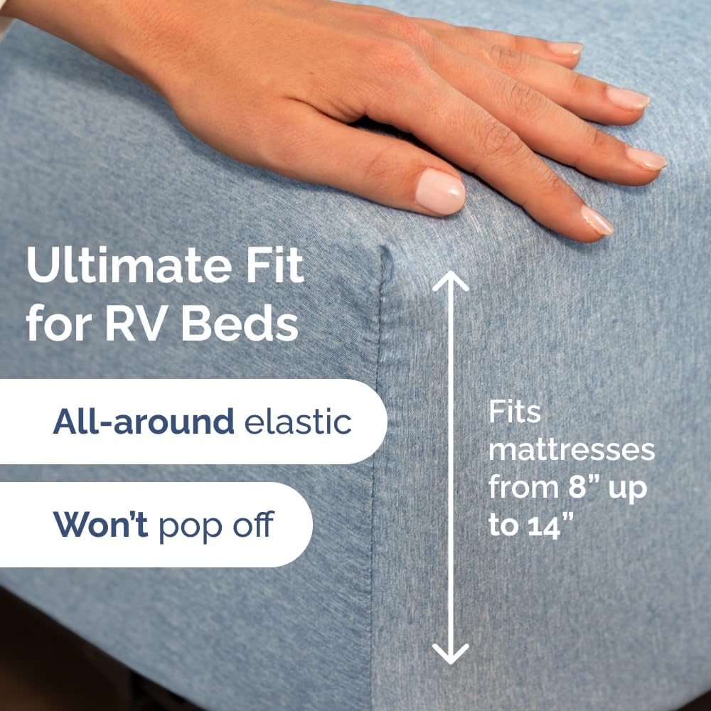 RV Short Queen Sheet Set 60 X 75 - 4 Piece RV Short Queen Bed Sheets - Soft, Breathable & Cooling - Designed for Bunks, Trailers & Campers - Fits 8” to 12" Mattress - Luxury Bedding - Heathered Blue